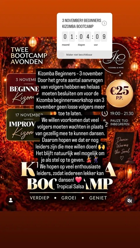 Flyer Kizomba Bootcamp beginners 3 november — volgers vol, leiders welkom